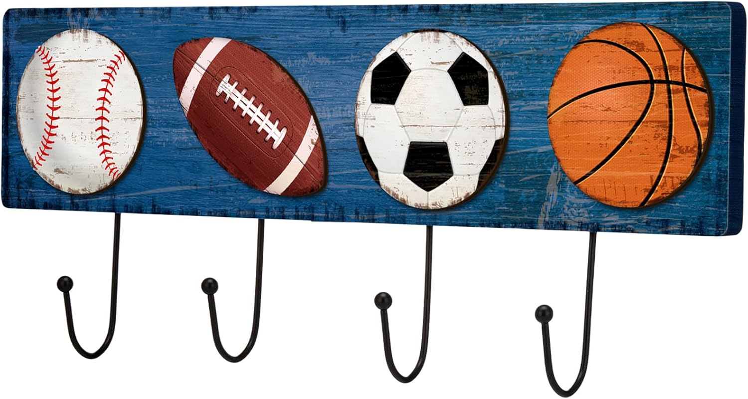 Wood Sports Coat Rack with 4 Hooks Vintage Basketball Baseball Football Soccer Wall Mounted Coat Hooks Decor Sports Theme for Home Entryway Playroom Hats Keys Towels